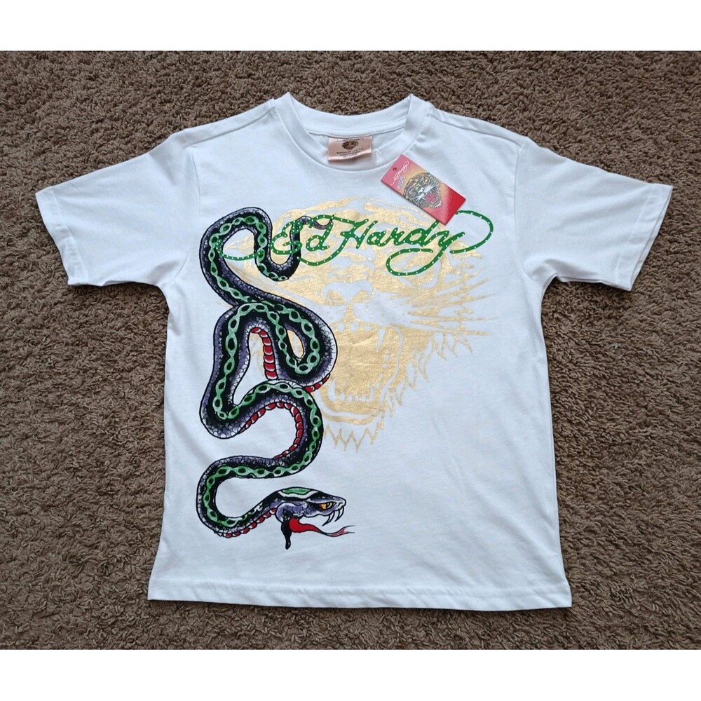 Ed Hardy Snake Tiger Graphic White T-Shirt Youth Size Medium